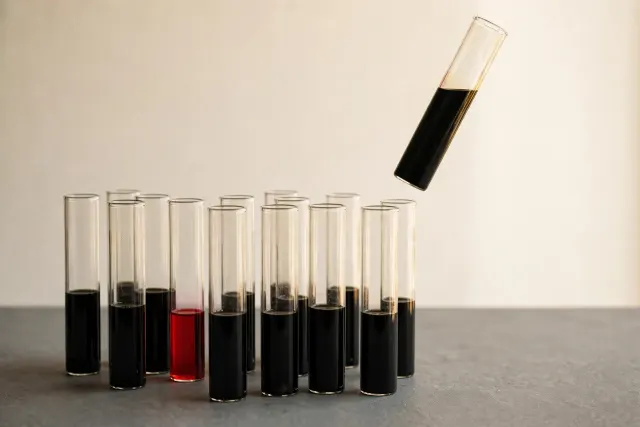 Illustration: rows of identical ink-filled measurement tubes, most filled only a third, while one tube is lifted into the light and appears much fuller.