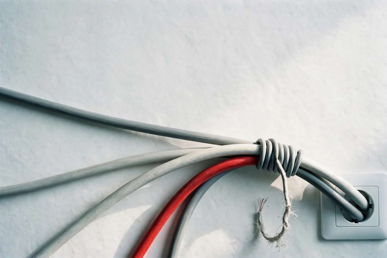 Illustration: several cables gathered into one bundled trunk plugged into a single socket while a thin red strand pulls loose — a metaphor for merged subscriptions and separate per-request billing.