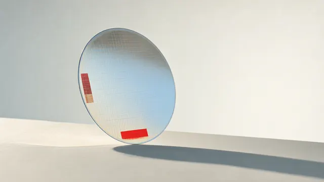 Illustration: a large silicon wafer held up against a bright backdrop, symbolizing South Korea's decade-long investment plan for AI and semiconductors.