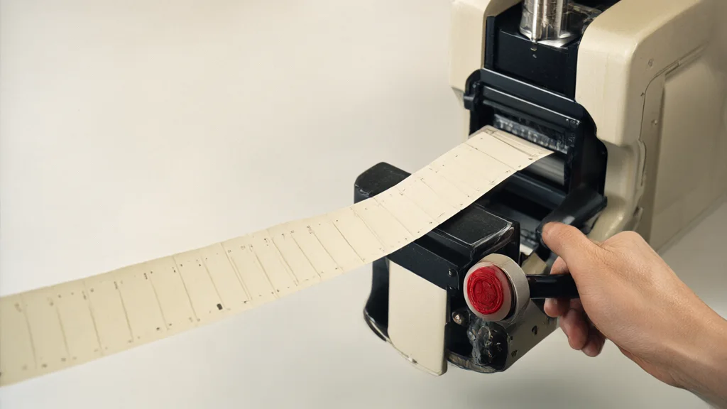 An illustration: a human hand halts a mechanical arm poised to stamp identical cards, symbolizing human sign-off required for AI-driven firings.