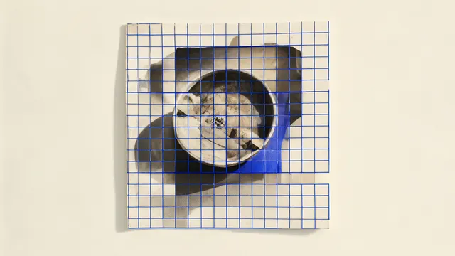 A photograph divided into a precise grid of thin cobalt lines, with a single cell lifted slightly out of place revealing a different image beneath. Editorial still life in cream, black and cobalt.