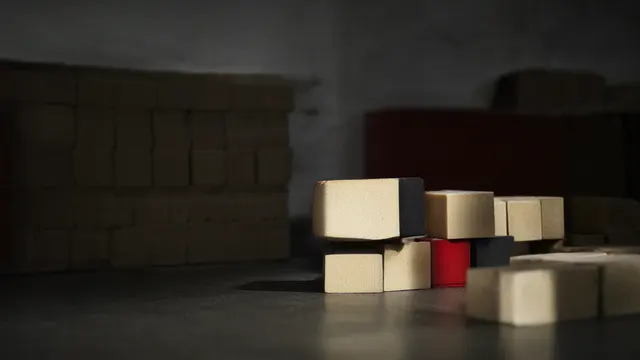 Illustration: a grid of identical cream wooden blocks with a single red one pulled forward and lifted out — a metaphor for a model that selects among predefined answers instead of generating text.