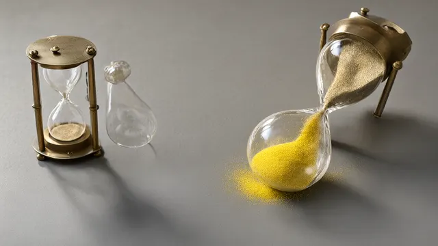 Tre identiske timeglass på et grått bord: to nesten tomme, ett som renner over med sand — et bilde på at samme AI-oppgave kan variere enormt i kostnad.