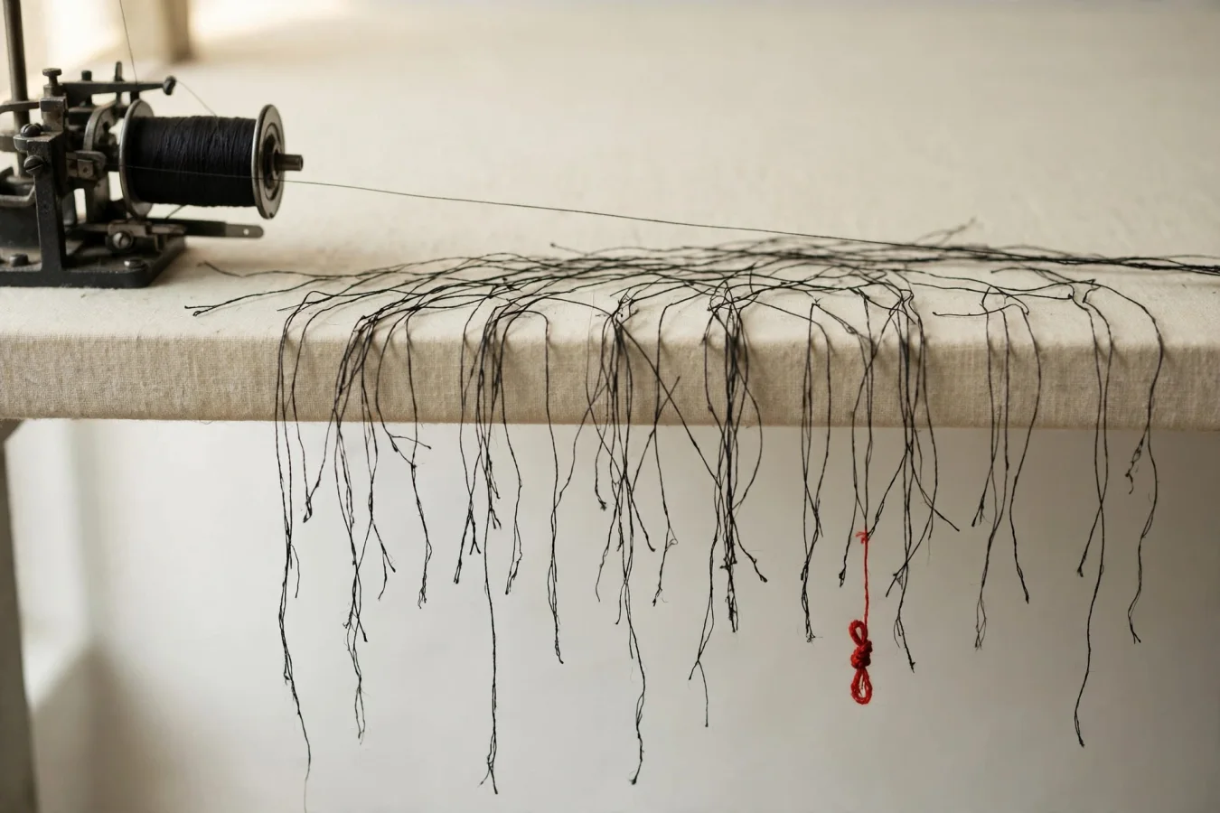 Illustration: Black thread machine-spooled in long runs across a pale table, many loose unfinished ends dangling over the edge – only one end finished with a red knot.