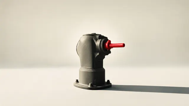 Illustration: A large matte metal control column with a single red lever, alone in an empty pale studio — evoking executive veto power over massive training runs.