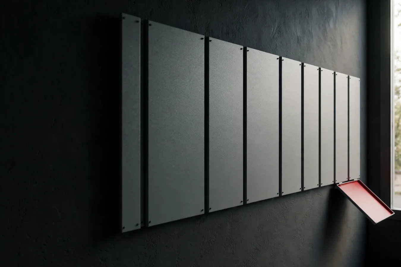 Illustration: a long row of identical gray safety panels on a dark wall, one panel detaching and tilting outward with a red underside.