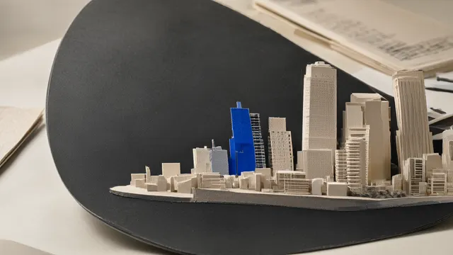 Illustration: A small paper diorama of a cityscape gradually drawn into a matte black wafer surface, depicting AMD absorbing the spatial-intelligence company World Labs.