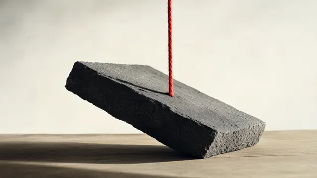 Illustration: A heavy stone slab hangs from a single thin thread above a table — a metaphor for heavy AI claims resting on fragile evidence.