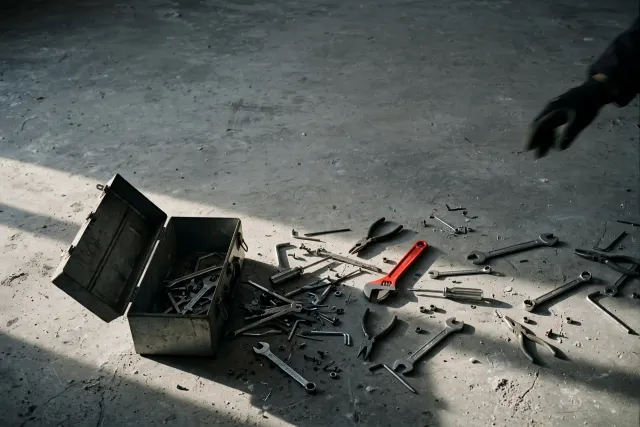 Illustration: a toolbox toppling on a concrete floor with tools scattered as a hand pulls away, symbolizing the withdrawal of the AI tool ARTEX after a major data breach.