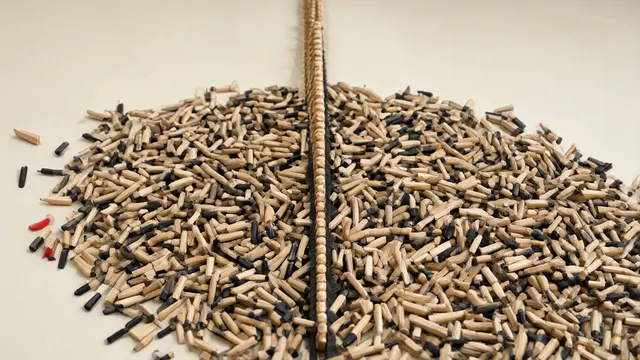 Illustration: hundreds of wooden pegs scattered across a table, gathered into one tight ordered column in a groove, evoking reordered requests for better caching.
