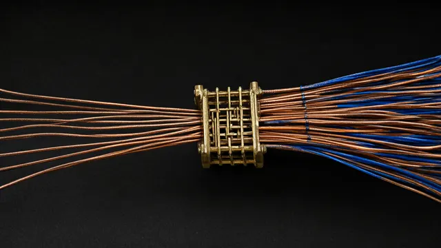 Illustration: dozens of thin copper wires routed through a small lattice of brass gates, only a few exiting densely packed — a metaphor for mixture-of-experts routing and high training throughput.