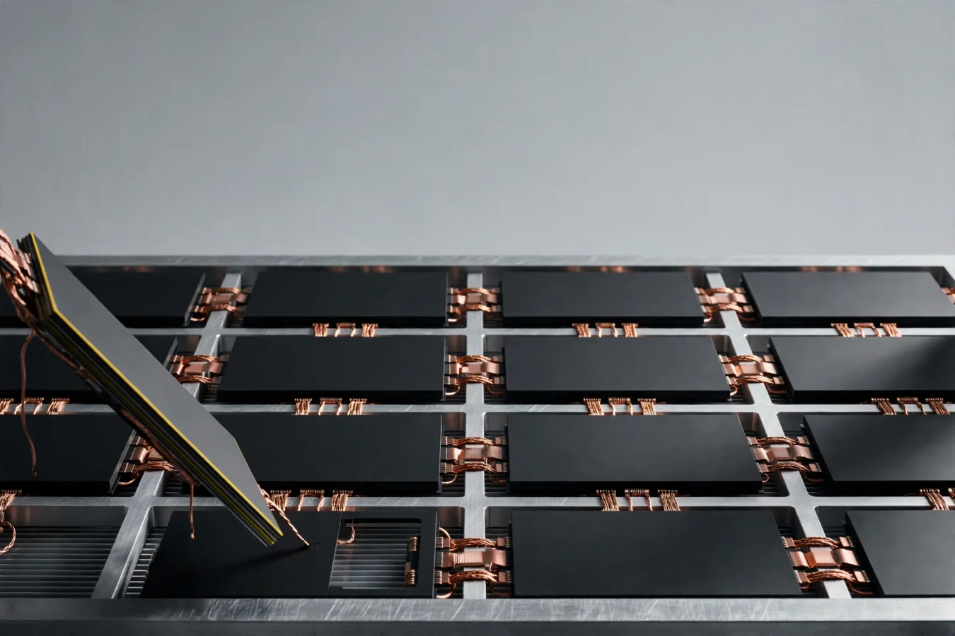 Illustration: A grid of identical matte black chips mounted in an aluminum frame with one chip lifted out — a metaphor for millions of mass-produced AI accelerators.