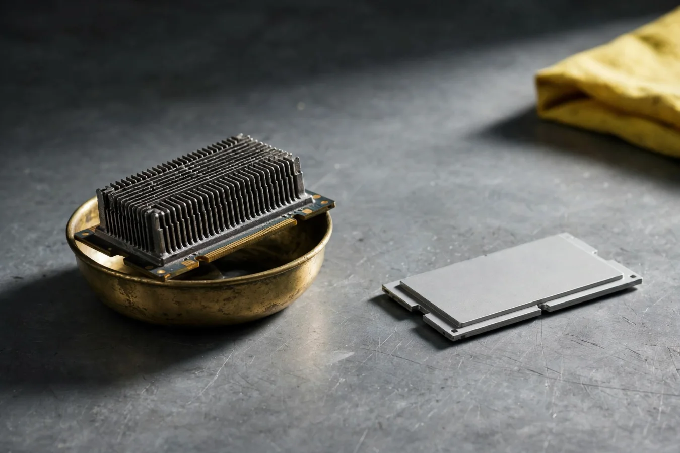 Redaksjonell illustrasjon: to minnebrikker på en metallbenk, der den eldre modulen veier tyngre på en liten messingvekt – et bilde på at DDR4 nå koster mer enn DDR5.