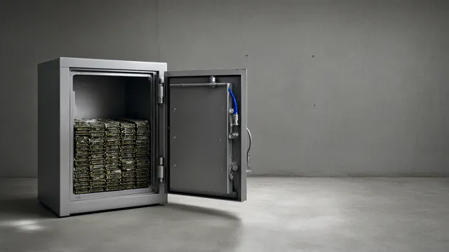 Illustration: an open gray safe on a concrete server-room floor filled with circuit boards instead of cash, under a single cold beam of light.