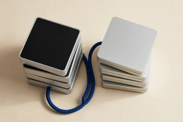 Illustration: Two clustered stacks of brushed-aluminum computers joined by a single thick cobalt cable, evoking the Apple–Meta partnership.