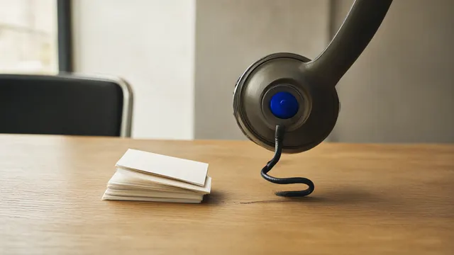 Editorial illustration: a telephone headset on a recruiter's desk lifting itself from its cord while a stack of note cards is pushed aside into shadow — visualising the shift from manual note-taking to an autonomous recruiting agent.