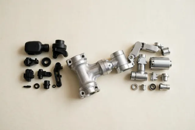 Illustration: A single aluminum component lies between disassembled robot arm parts on a table, bridging the stack into one whole.