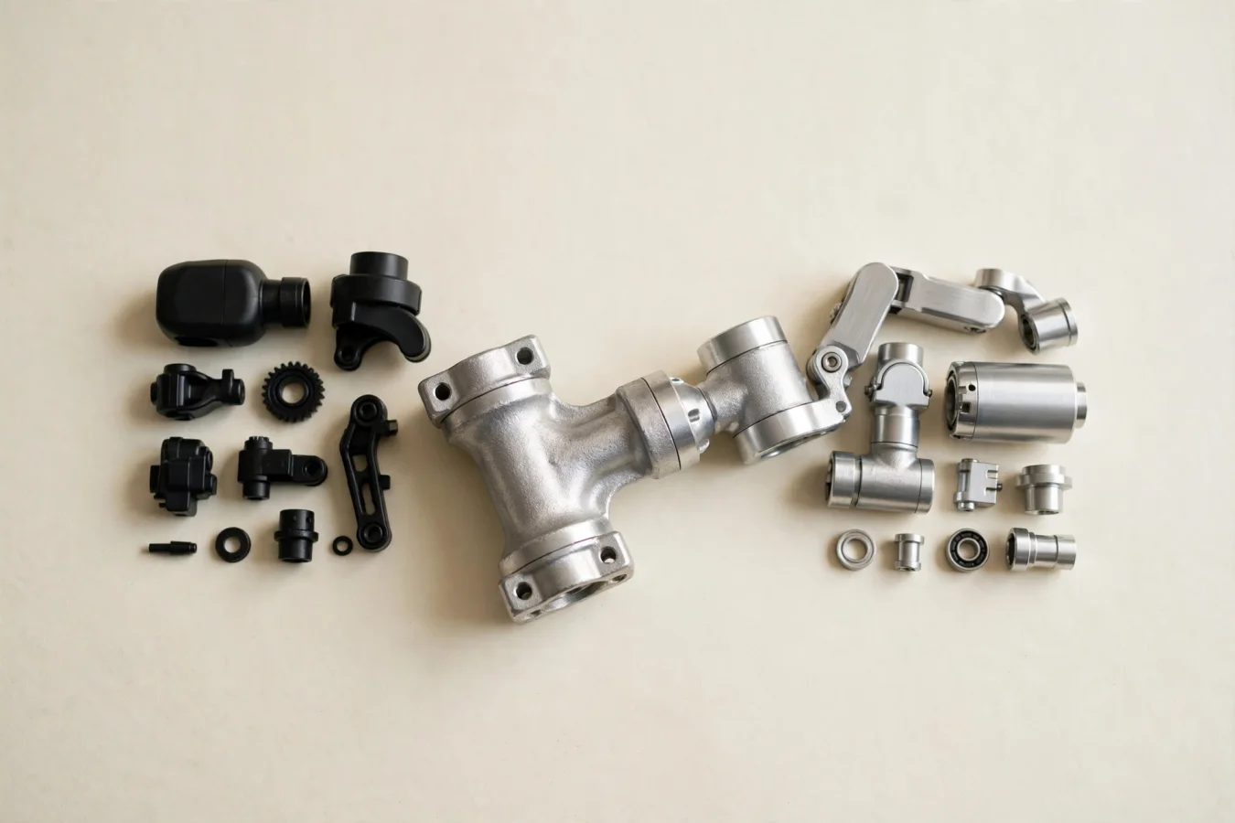 Illustration: A single aluminum component lies between disassembled robot arm parts on a table, bridging the stack into one whole.