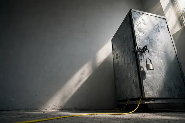 Illustration: A locked steel cabinet with its padlock hanging open, a yellow cable slipping out beneath the door in muted office light.