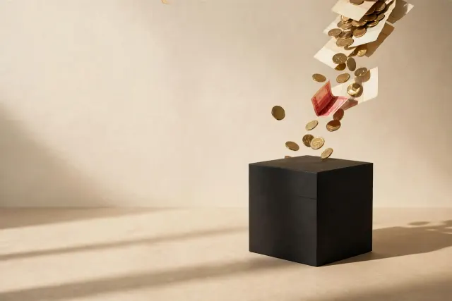 Illustration: a stream of coins and notes pours into an opaque black cube on a table, the value inside remaining hidden.