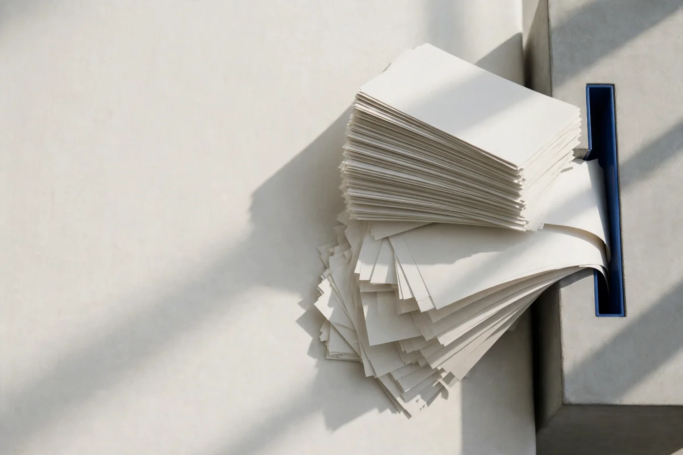 Illustration: A large stack of identical blank white paper forms feeding into a single narrow cobalt-blue slot in a concrete block, visualizing AI being used to consolidate companies' repeated EU reporting obligations.