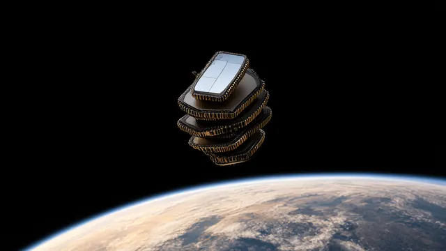 Illustrasjon: En liten satellitt bygget av stablede silisiumbrikker med speilende solpaneler svever i svart rom, med en tynn opplyst kant av jordkloden under.