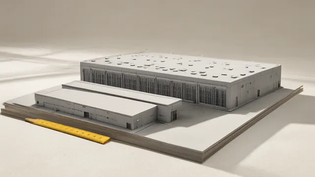 Illustration: A small architect's scale model of an enormous data center sits alone on an empty table beside a brass ruler — a visual metaphor for labeling giant facilities as "pilot models."