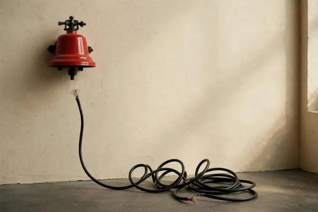 Illustration: A red alarm bell on a cream wall with a severed electric cord dangling dead, a metaphor for alerts that never reach anyone.