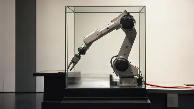 Illustration: a fully assembled robot arm sealed behind thick glass, gripper pressed against the pane, capable yet out of reach — visualizing the gap between technical capability and economic reality.