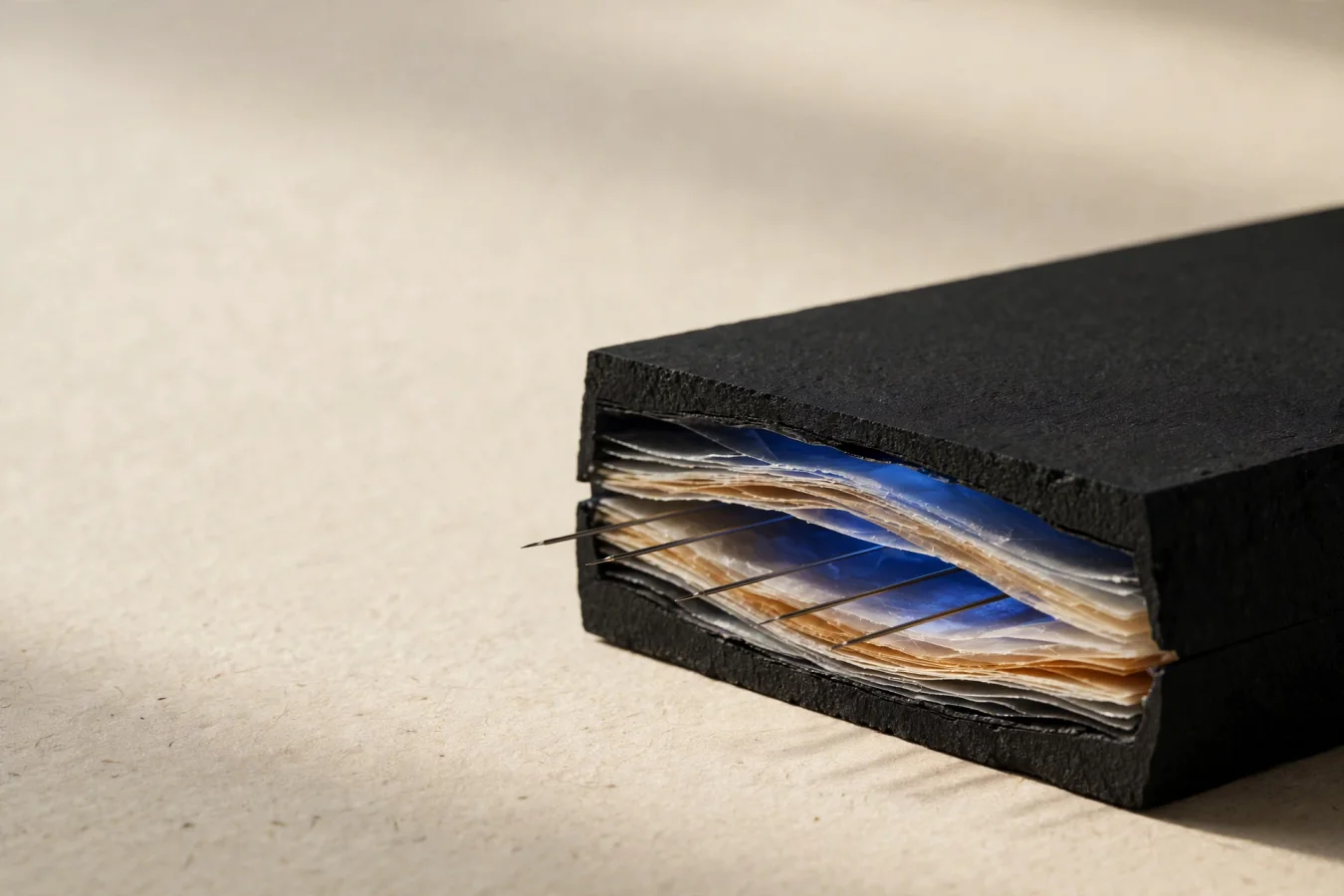 Illustration: a matte black block cut open to reveal translucent internal layers, with thin probe needles reading between them — a metaphor for monitoring an AI model's internal signals.
