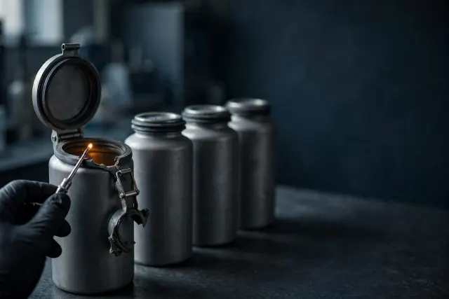 Illustration: a row of sealed steel canisters in dim laboratory light, the front seal broken open as a gloved hand inspects inside – a metaphor for restored early access to test AI models before launch.