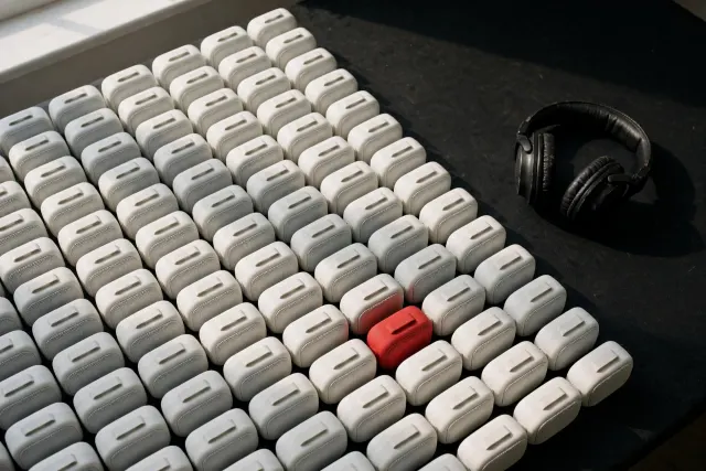 Editorial illustration: dozens of identical small white speakers in neat rows on a dark table, one red outlier and a pair of black headphones set apart in empty space.