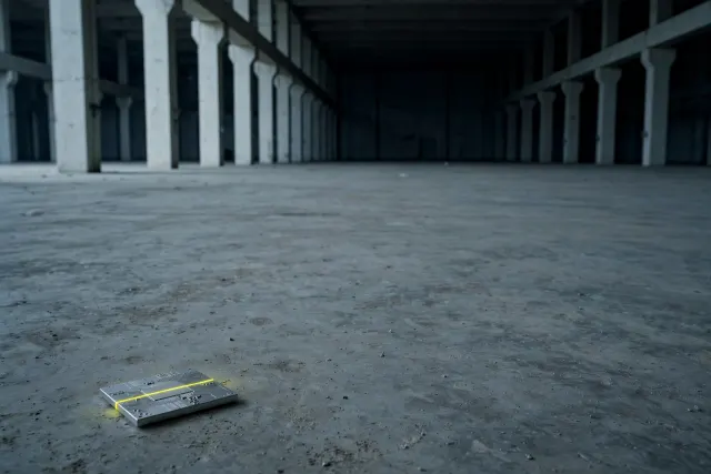 Illustration: a single small aluminum chip alone on a vast empty concrete floor inside a dark industrial hall, lit by one thin yellow light stripe.