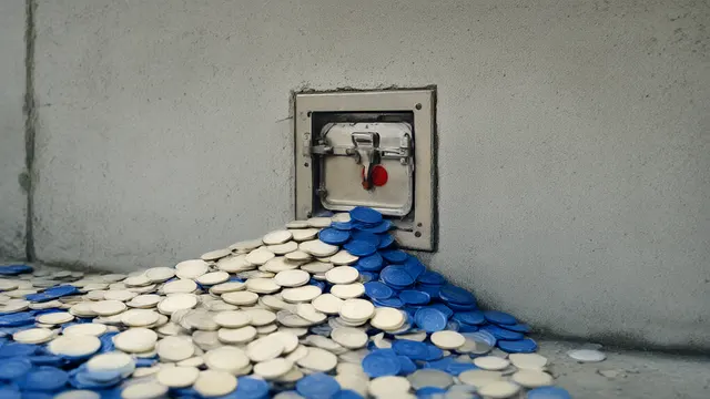 Illustration: a closed steel hatch in a concrete wall with a pile of identical metal tokens backed up in front of it — a visual of an intake shut after a flood of automated reports.