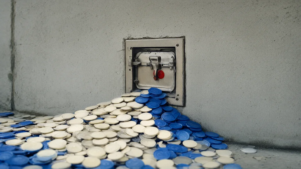 Illustration: a closed steel hatch in a concrete wall with a pile of identical metal tokens backed up in front of it — a visual of an intake shut after a flood of automated reports.