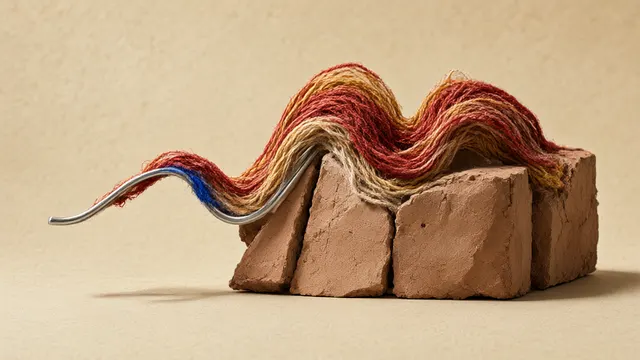 Illustration: a sound waveform shaped from woven red and ochre threads growing out of Moroccan zellige-style clay, one strand turning into smooth metal wire. AI-generated illustration.