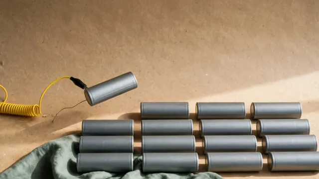 Illustrasjon: et rutenett av like grå battericeller, der én cella løftes ut og undersøkes med en tynn mikrofonleder – en metafor for KI-basert lyddiagnostikk av batterier i konkurransen BatterySwapAI 2026.