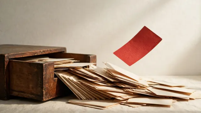 Illustrasjon: Et gammelt kartotekskap i tre med skuffen halvåpen, tette papirkort og ett løftet rødt kort i skarpt fokus – metafor for en søkeindeks over juridisk materiale.