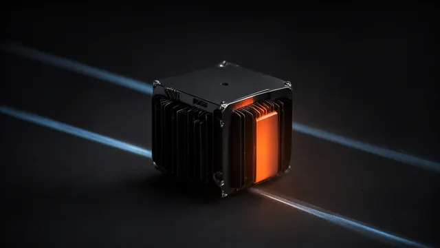 Illustrasjon: en liten svart satellittprototype med kjøleribber, der én ribbe gløder oransje av varme mot en mørk bakgrunn.