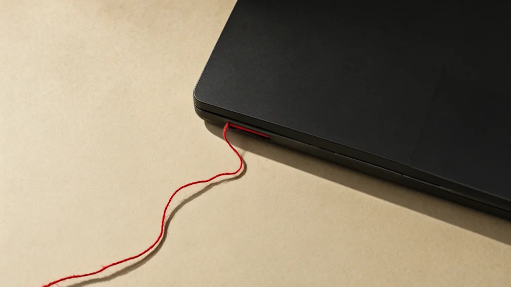 Illustration: a closed black laptop on a paper-toned desk, a red thread spooling out from under its lid and winding out of frame, shot in sharp daylight with space for a headline.