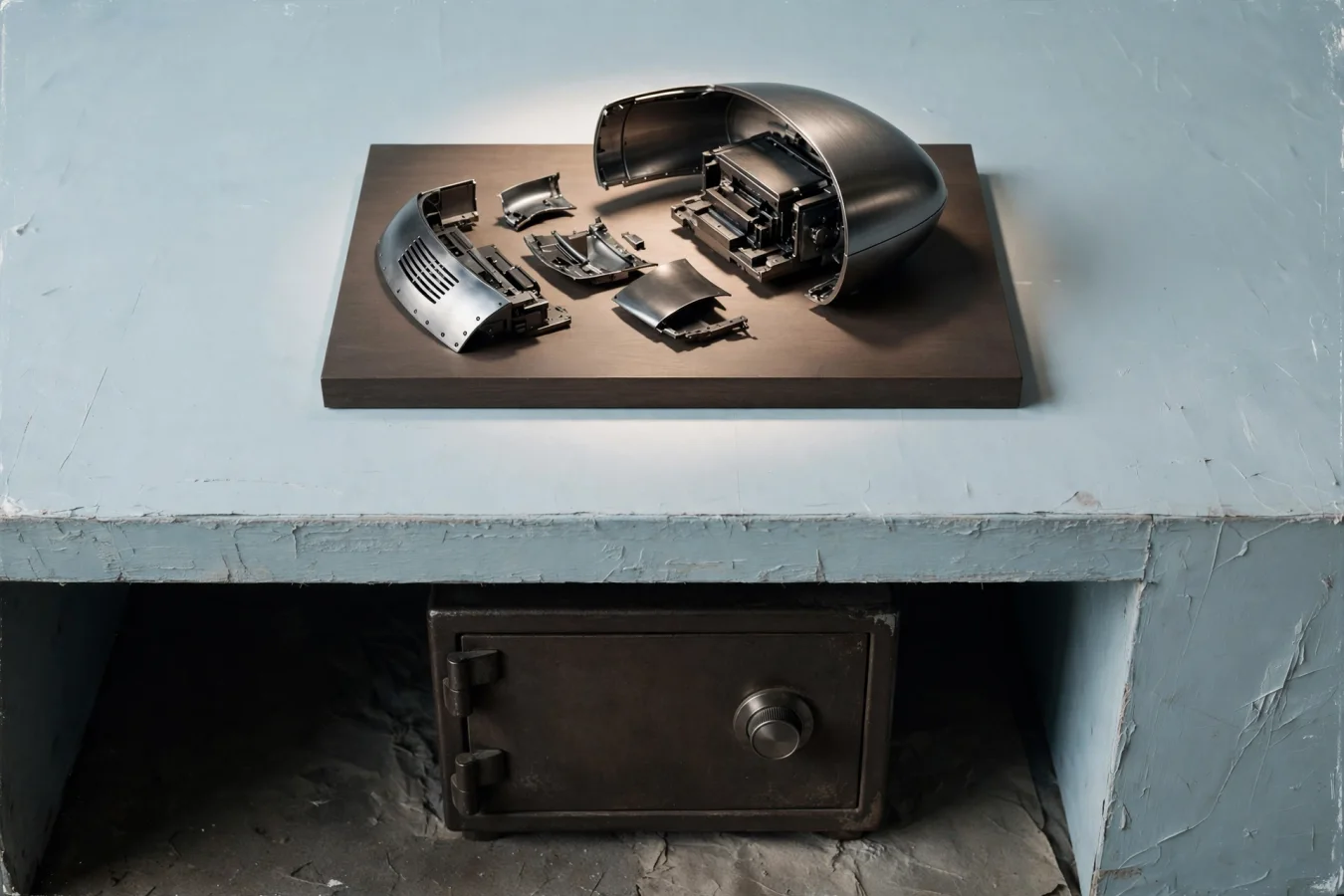 Illustration: a disassembled machine shell on a lit sale plinth while a heavy sealed safe with locked dials sits untouched in shadow beneath the table — the technology is sold, the conversations stay behind.
