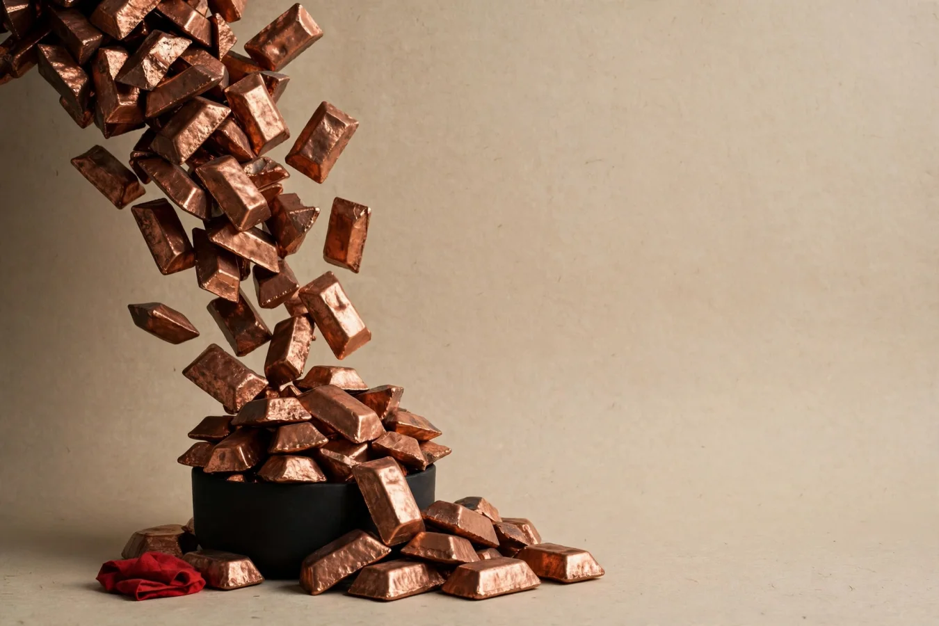 Illustration: a massive stream of raw copper ingots pours into a small black vessel already overflowing, in warm studio light – an image of capital flowing far beyond its target.