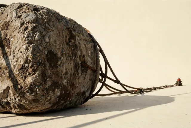 Illustration: a massive concrete block chained to a tiny pile of light weights, visualizing enormous commitments against modest revenue ahead of Anthropic's planned listing.