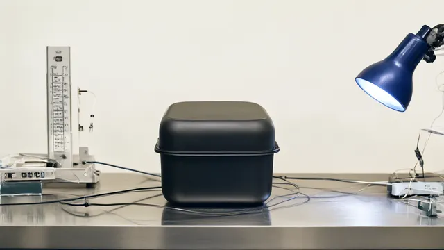 Illustrasjon: En matt svart forseglet boks på et laboratoriebord omgitt av måleinstrumenter og en koboltblå inspeksjonslampe, som metafor for at EUs cybersikkerhetsbyrå ENISA tester en lukket frontier-modell.