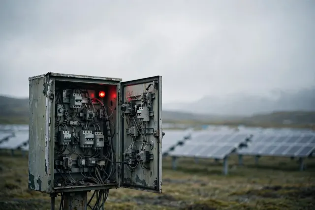 Illustration: an open, weathered control cabinet at a solar farm, wires and switches exposed, rows of solar panels in the background.