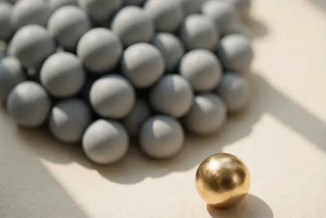 Illustration: A mass of blurry gray spheres with one sharp, brass-like sphere in the foreground — a picture of what humans grasp at a glance but machines miss.