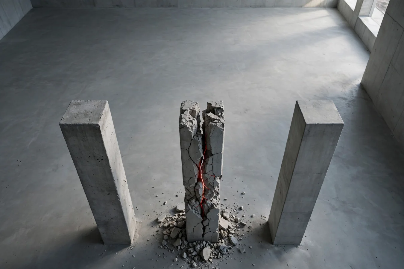 Illustration: Three concrete pillars, one cracked and crumbling, symbolizing systemic risks to global financial stability.