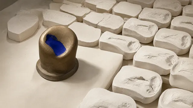 Illustration: a single solid bronze object casting into hundreds of plaster molds in uneven rows, several of them cracked and empty.