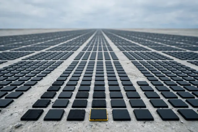 Illustration: rows of identical black microchips in a vast grid stretching to the horizon, one yellow-edged chip in the foreground.