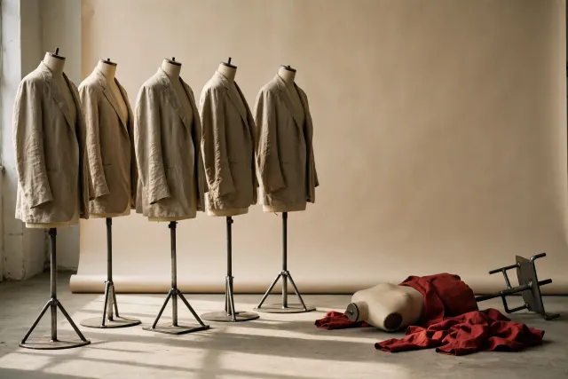 Illustration: empty tailor's mannequins in loosely hanging jackets, one collapsed – a metaphor for fake front identities in influence campaigns.